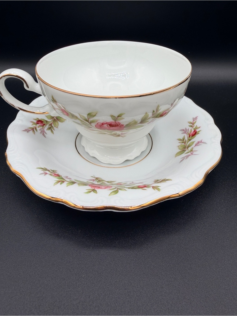 Vintage Haviland Bavarian Moss Rose Porcelain Teacup & Saucer with Gold Trim